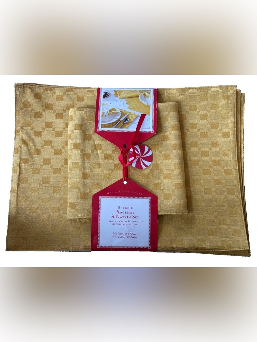 Holiday Gift Giving 8-Piece Golden Checkered Placemat & Napkin Set